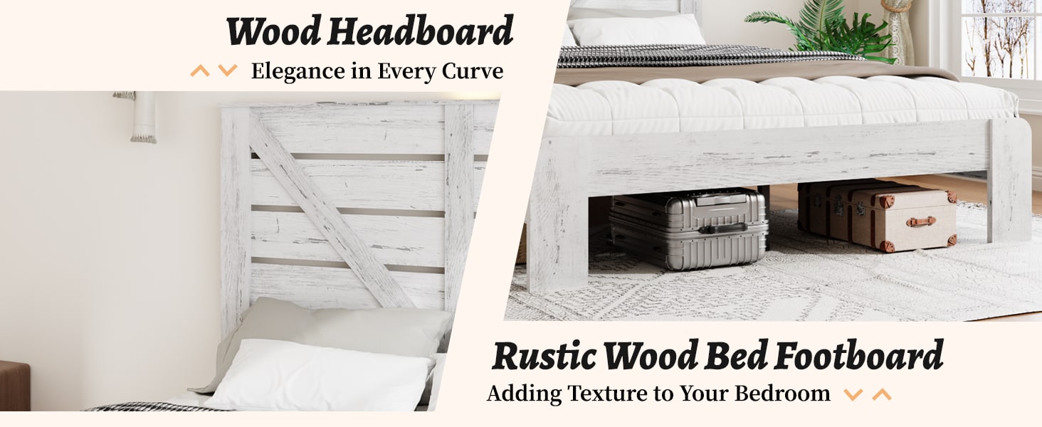 Queen Bed Frame Headboard , Wood Platform Bed Frame , Noise Free,No Box Spring Needed And Easy Assembly Tool,Large Under Bed Storage,White_voghion.com